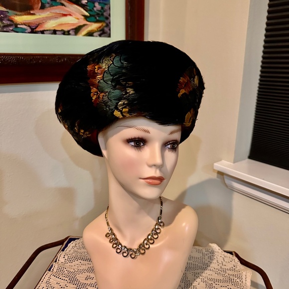 Pheasant Feather Hat / MCM High Fashion or Costume Hat of Black & Brown Feathers - Picture 13 of 14